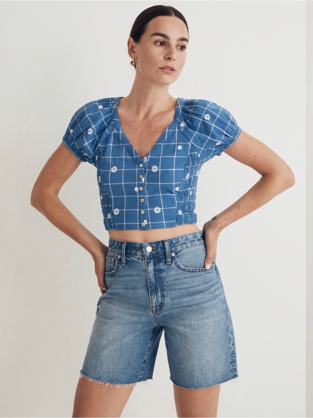 Madewell Blue Plaid V-Neck Smocked Crop Top